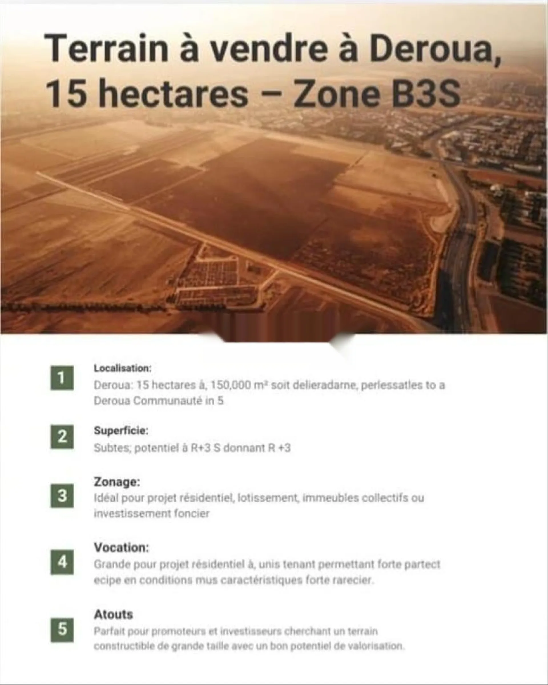 TERRAIN À VENDRE À DEROUA 15 HECTARES ZONE B3S