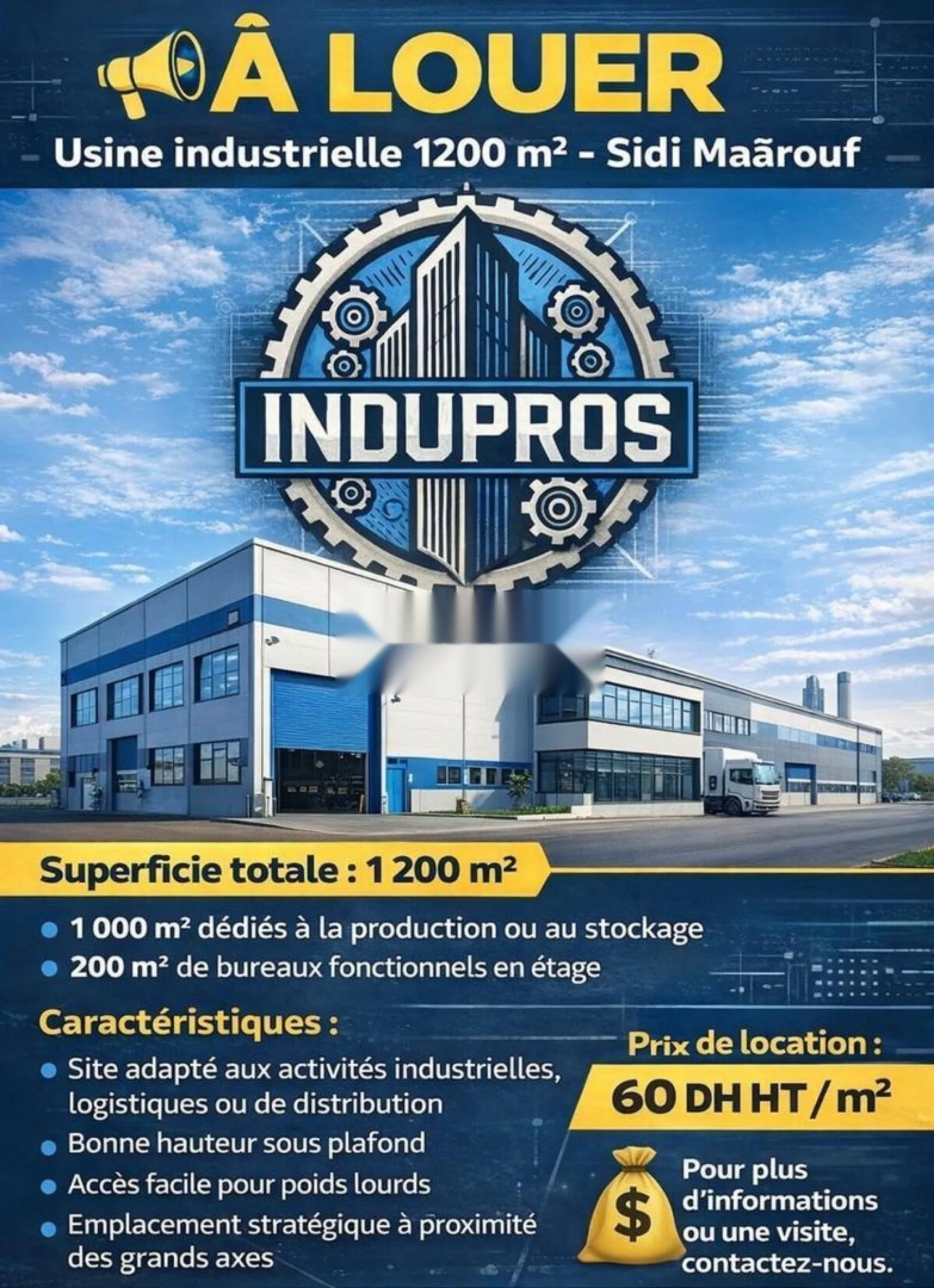 À LOUER Usine industrielle 1771 m2- Sidi Maârouf