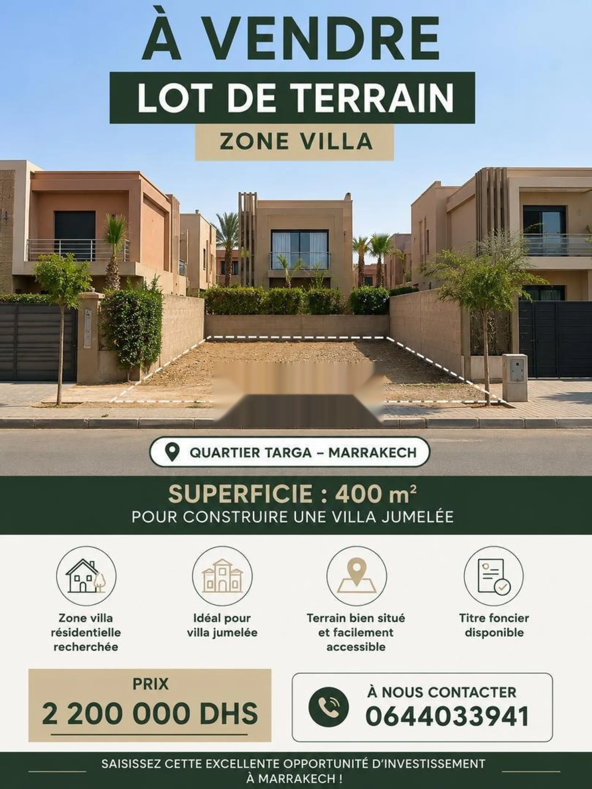 À vendre Lot de terrain Z Villa - TARGA MARRAKECH