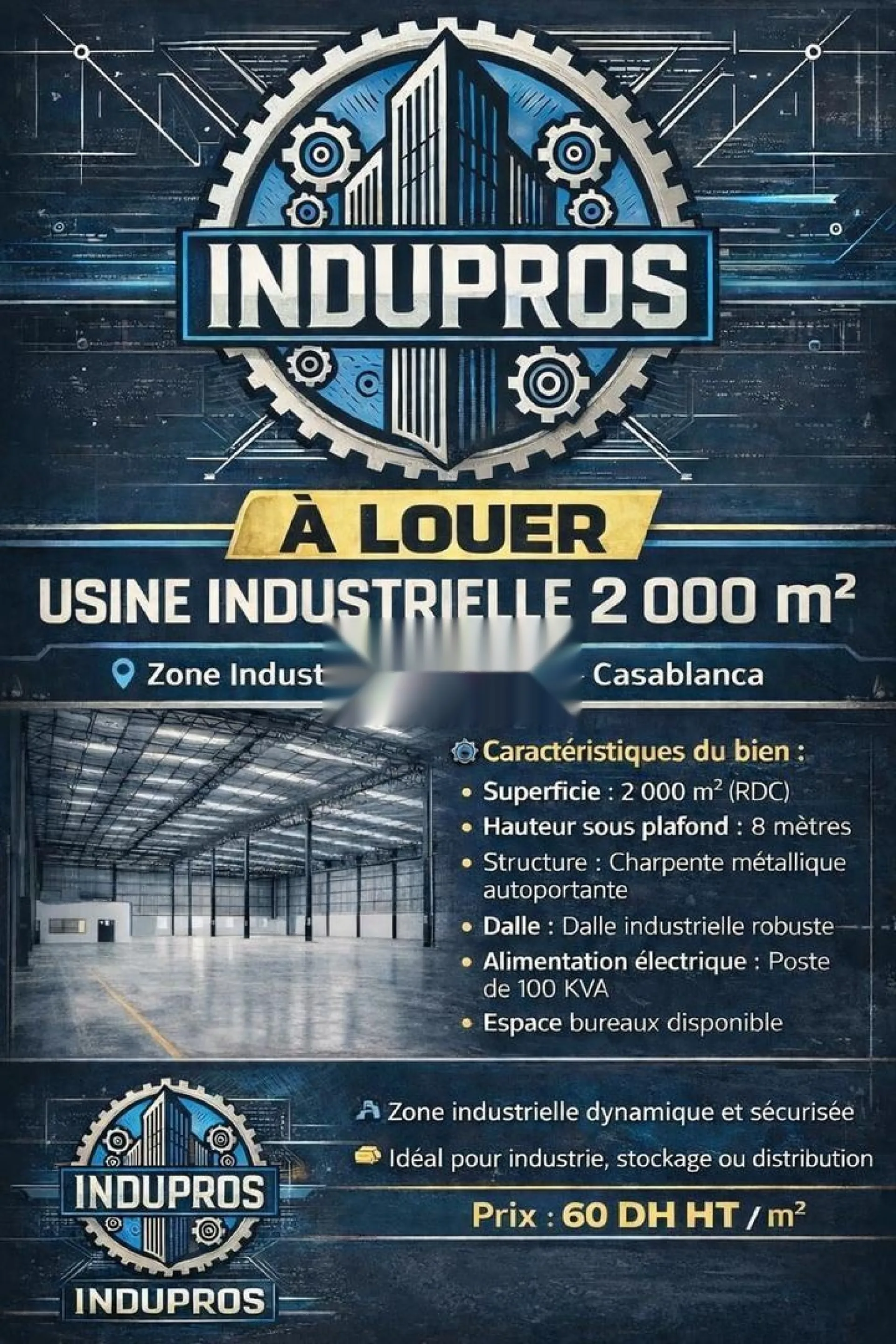 À LOUER - USINE de 2 000 m² - ZI Ain Sebaa