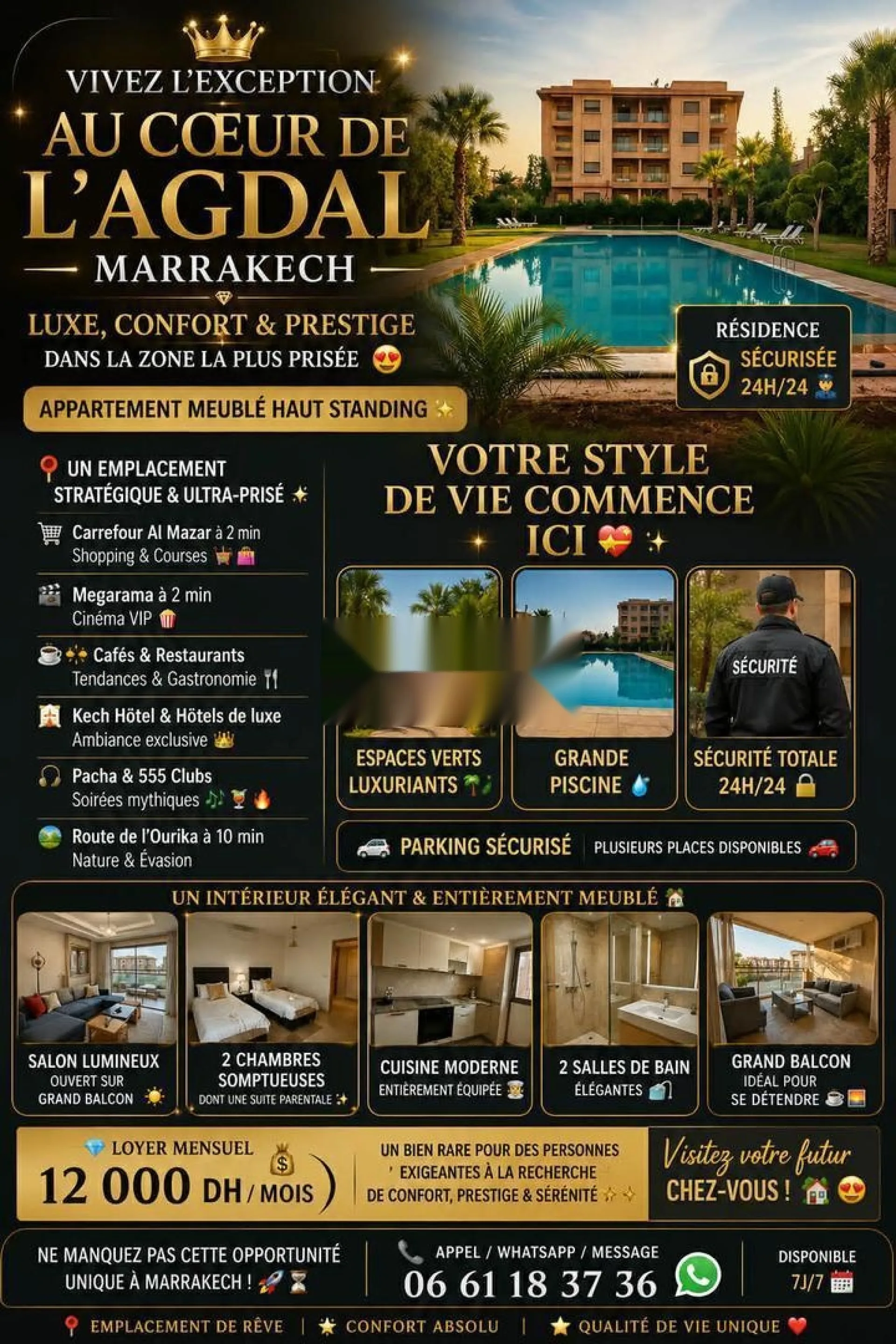 Appart meublé piscine près Av M6 route Ourika